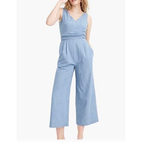J. Crew Dark Matter Wrap Tie Chambray Wide Leg Cropped Jumpsuit - Picture 1 of 11